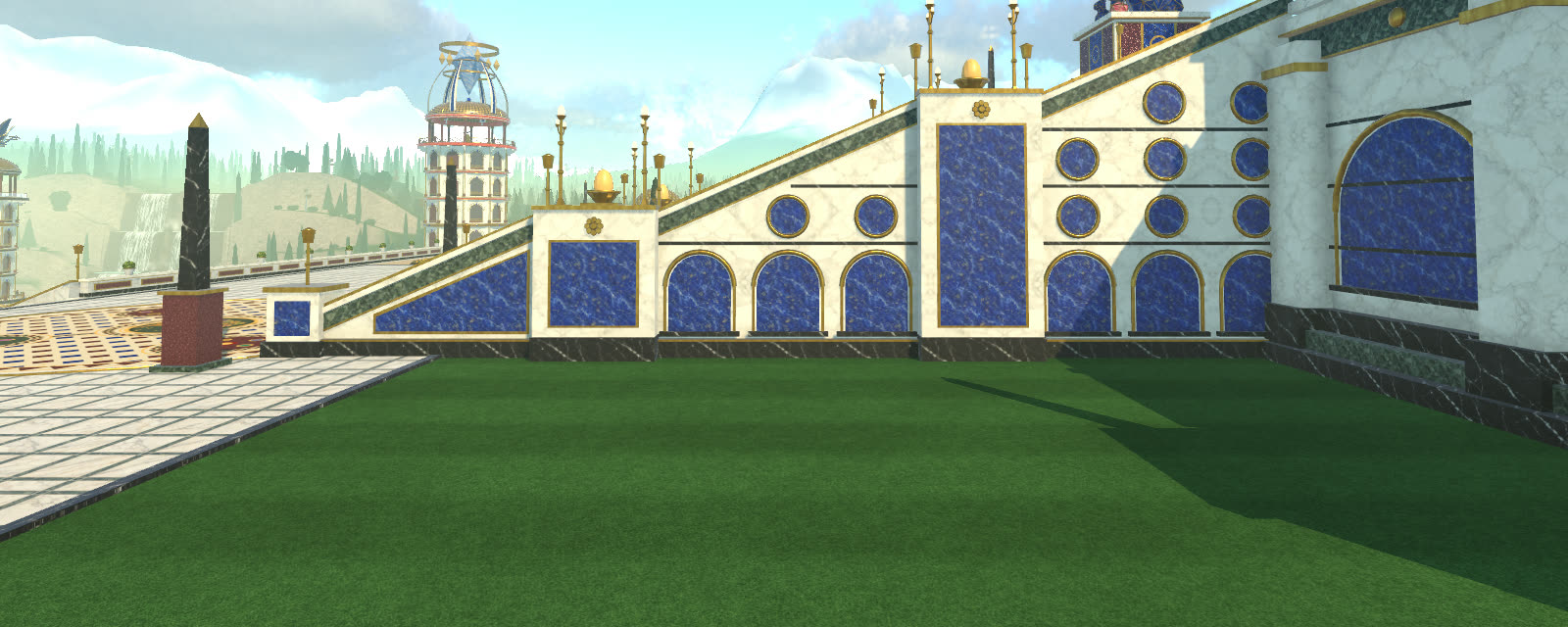 A planet's acropolis in Nousfarer: a grand stair of white marble and lapis panels rising beside a lawn, towers on the horizon.