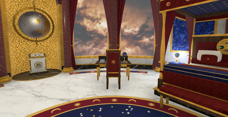 A bedroom with a canopy bed, a walnut writing desk and a silver moon in a gold mosaic alcove.