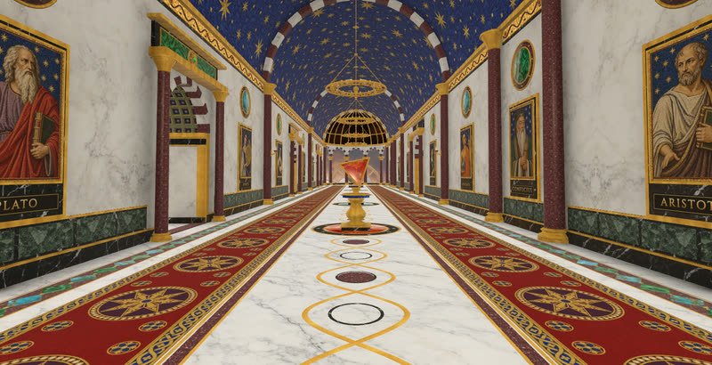 A long vaulted corridor of white marble and porphyry columns with portraits of scholars and gilt lamps.