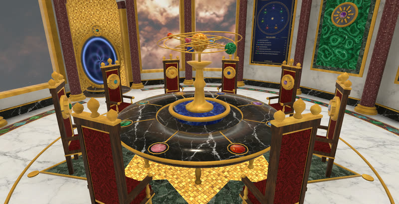 The Council Chamber: a round black marble table with eight crimson chairs around a gilt orrery.