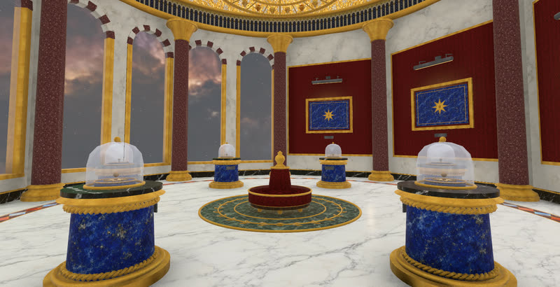 A domed gallery with lapis plinths under glass cloches and arched windows onto the clouds.