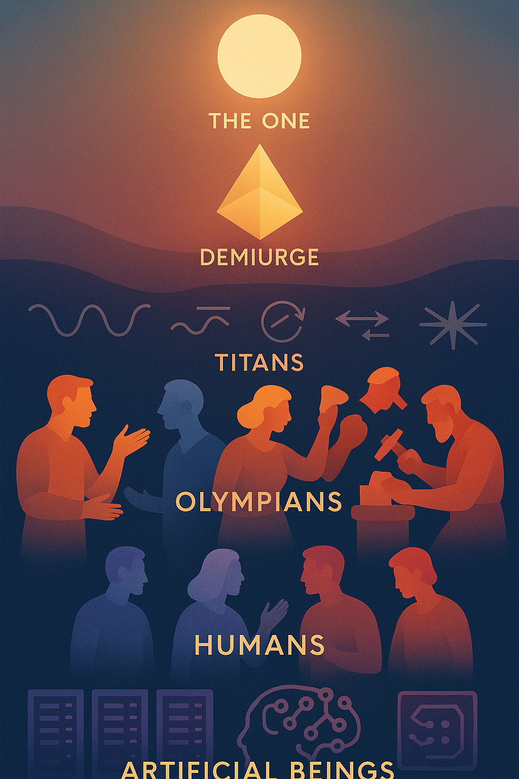 Visual chain of being from Highest God through Demiurge, Titans, Olympians, Humans, to AI